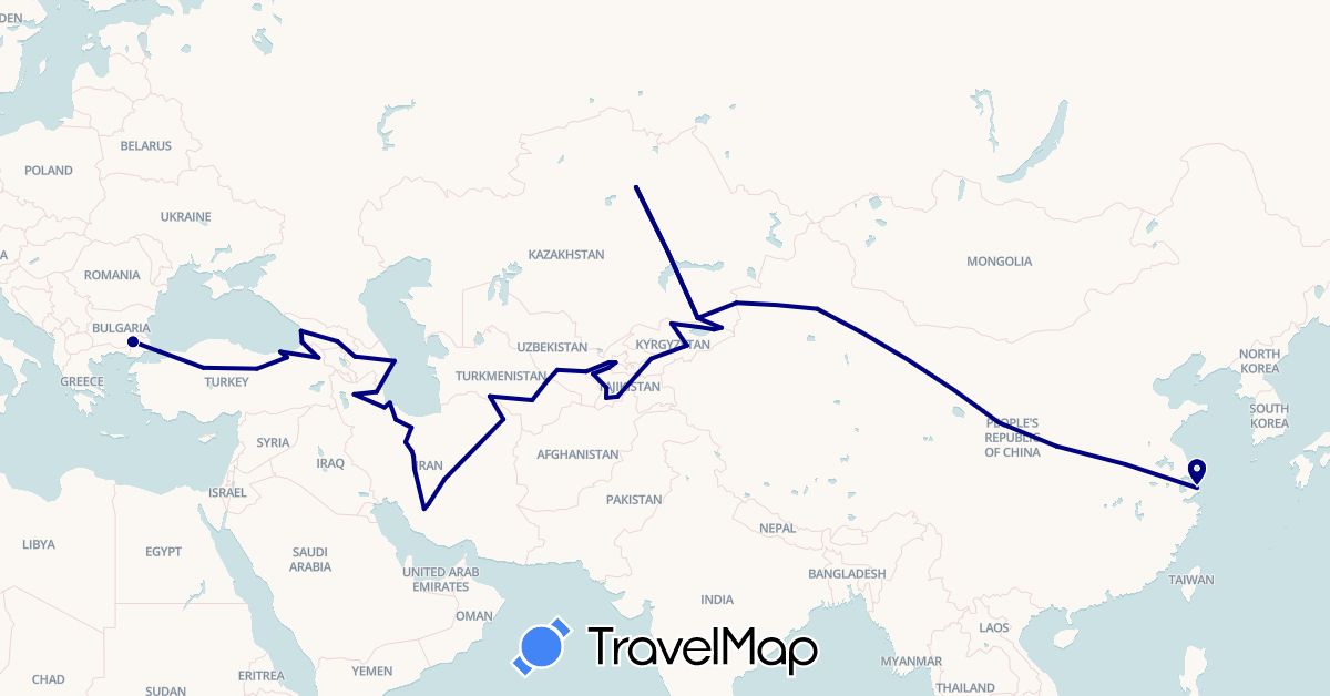 TravelMap itinerary: driving in Azerbaijan, China, Georgia, Iran, Kyrgyzstan, Kazakhstan, Tajikistan, Turkmenistan, Turkey, Uzbekistan (Asia)